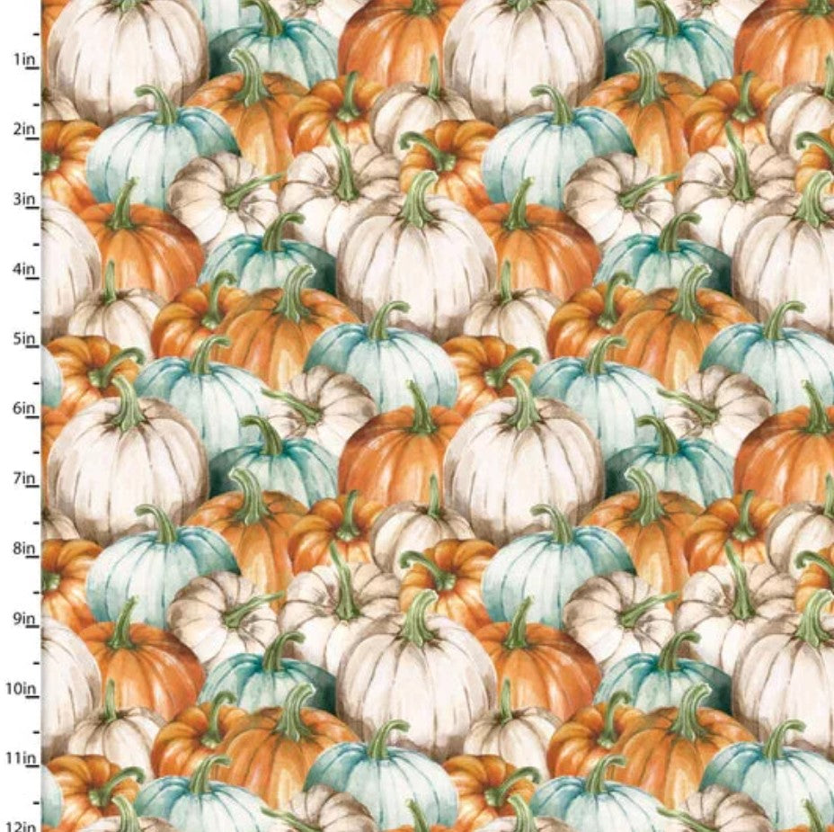 Thanksgiving Packed Pumpkins White Teal Orange 100% Cotton Price per Yard