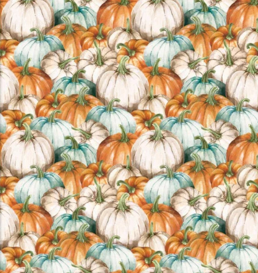 Thanksgiving Packed Pumpkins White Teal Orange 100% Cotton Price per Yard