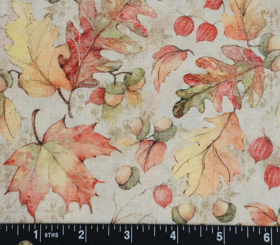 Thanksgiving Acorns and Leaves on Cream 100% Cotton Price per Yard