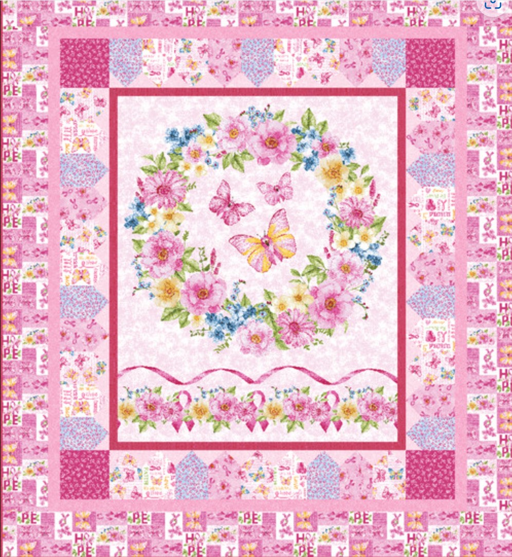 45 x 36 Breast Cancer Awareness Panel Butterflies Ribbons Pink Celebration 100% Cotton