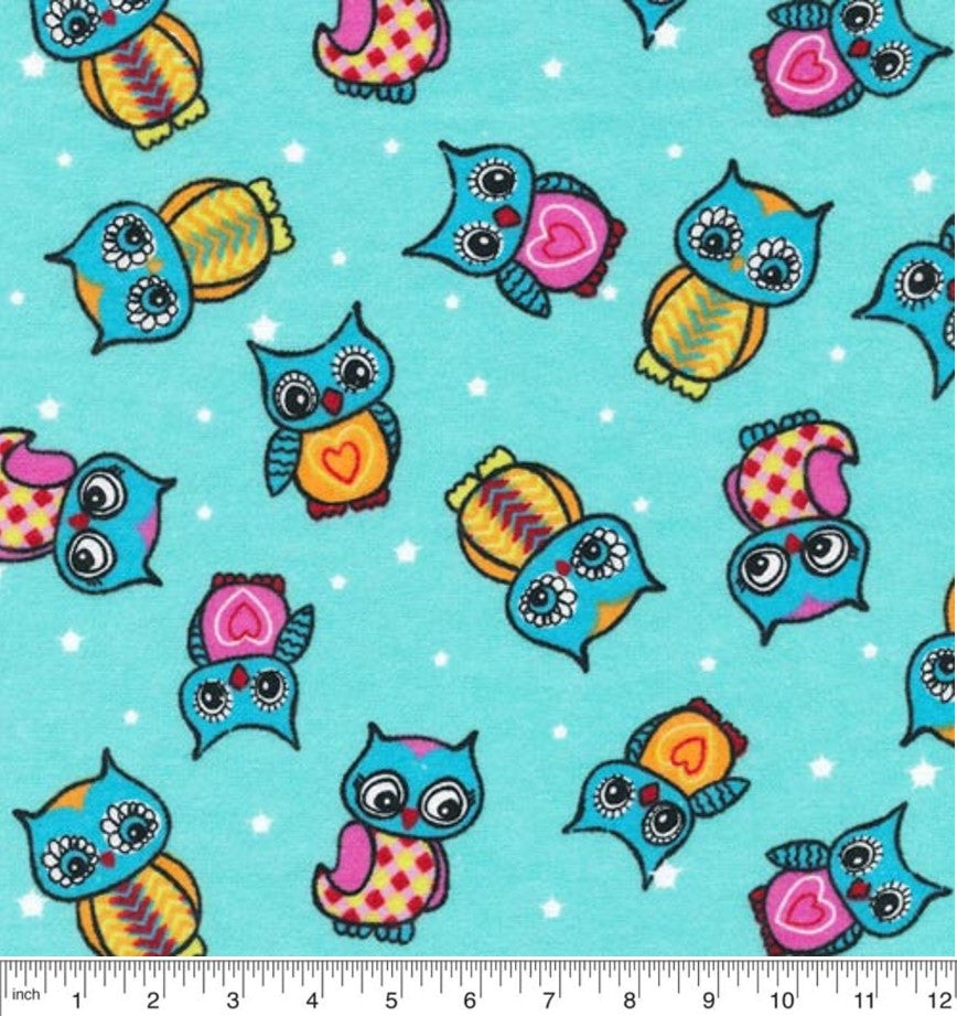 Price Per Yard Flannel Owls & Dots Aqua Fabric Paintbrush Studio Fabri-Quilt Baby