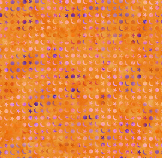 Maywood Studio Halloween Spooky Hollow Moon and stars on Orange 100% Cotton Fabric By the Yard