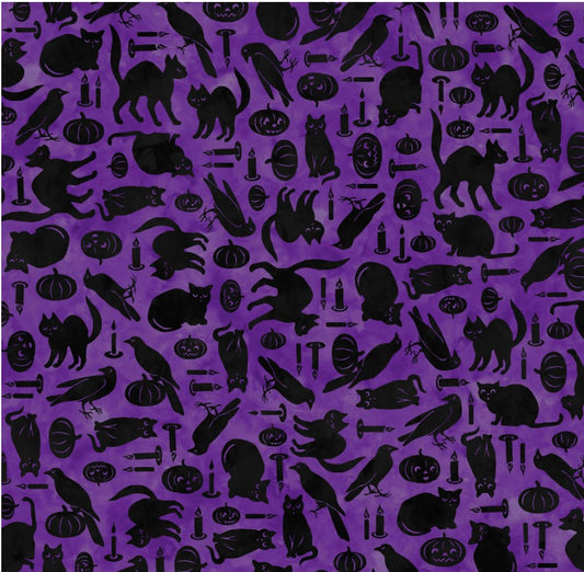 Maywood Studio Halloween Spooky Hollow Cats and Crows on Purple 100% Cotton Fabric By the Yard