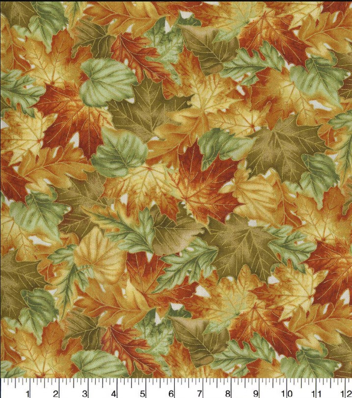 Hi Fashion Harvest Leaves on Cream Metallic Thanksgiving By the Yard