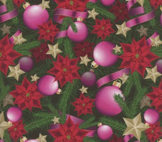 Christmas-themed pattern with pink ornaments, red poinsettias, and gold stars on a green background.
