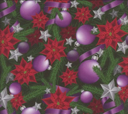 Christmas-themed pattern with purple ornaments, red poinsettias, and green leaves on a dark green background.
