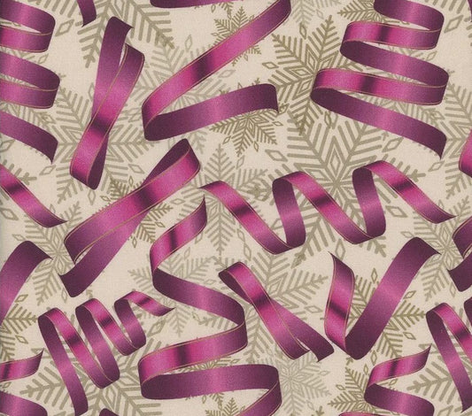 Pattern of purple ribbons on a beige background with snowflake designs
