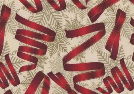 Mook Fabrics Christmas Red Ribbons Silver Snowflakes 100% Cotton Fabric By the yard