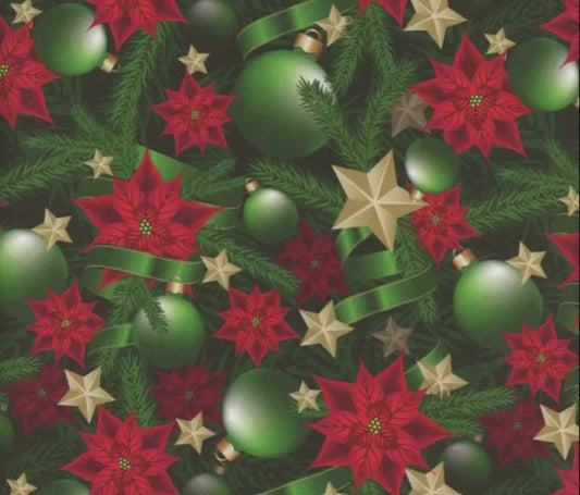 Mook Fabrics Christmas Green Ornaments and Ribbons Poinsettias 100% Cotton Fabric By the yard