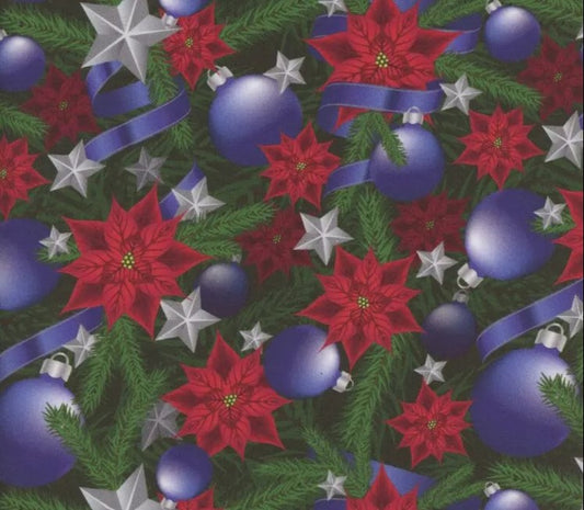 Mook Fabrics Christmas Blue Ornaments and Ribbons Poinsettias 100% Cotton Fabric By the yard