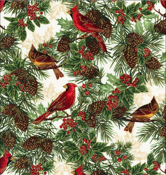 Timeless Treasures Christmas Cardinals Pinecones on Cream Metallic 100% Cotton Price per Yard