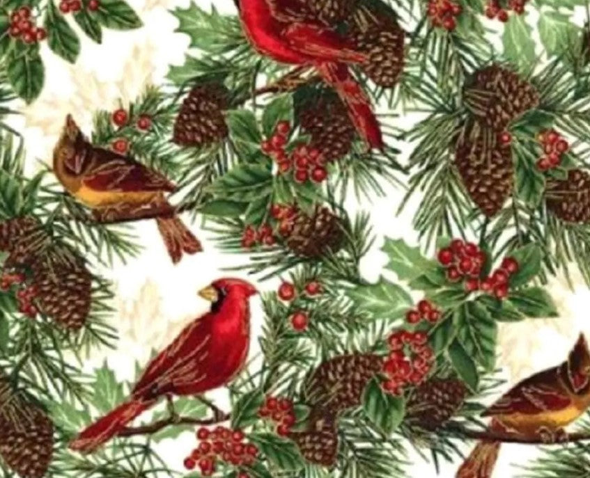 Timeless Treasures Christmas Cardinals Pinecones on Cream Metallic 100% Cotton Price per Yard