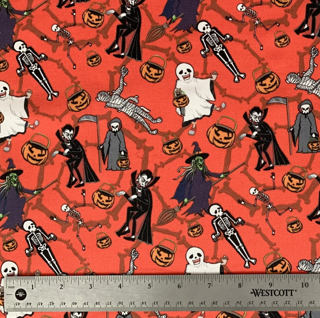 Halloween Dancing Monsters on Orange 100% Cotton Fabric