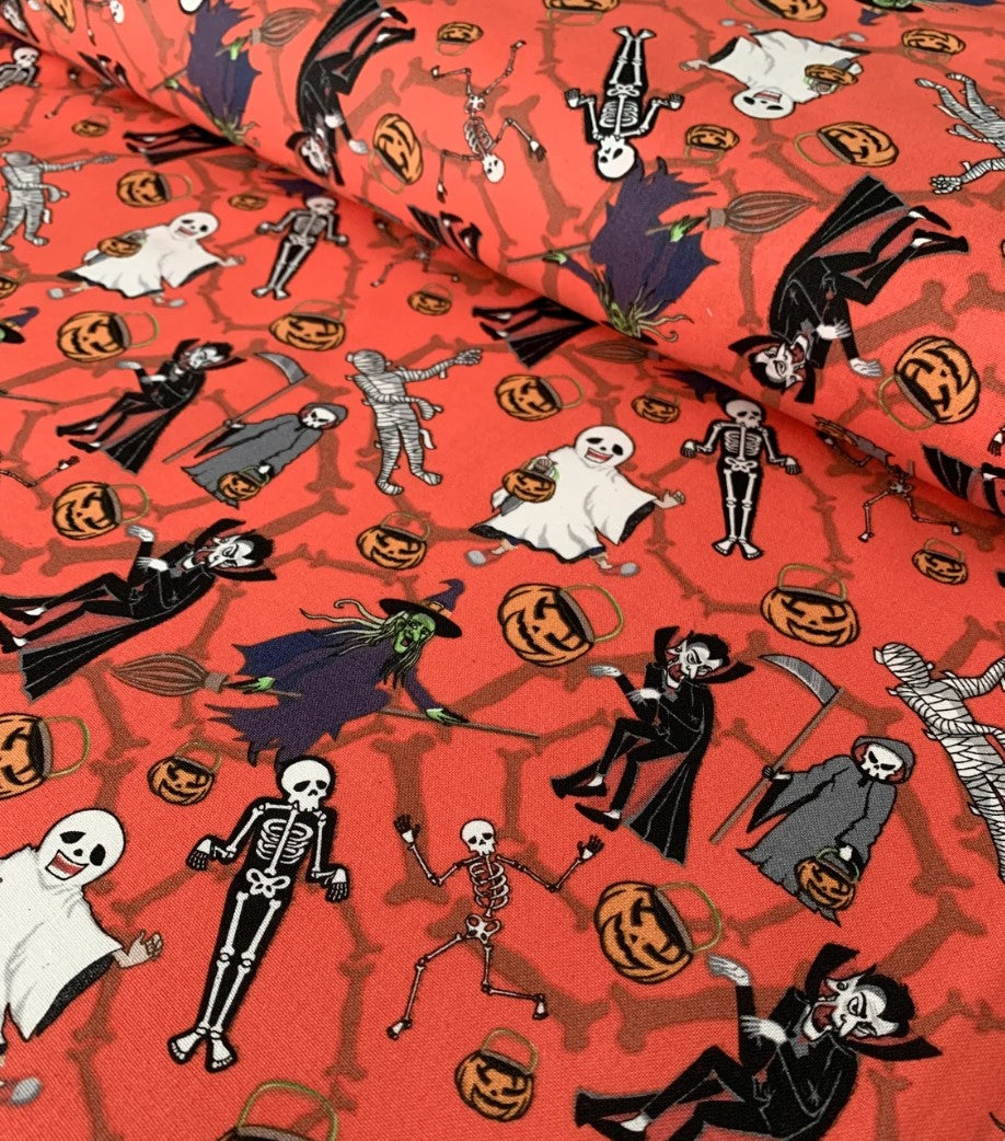 Halloween Dancing Monsters on Orange 100% Cotton Fabric