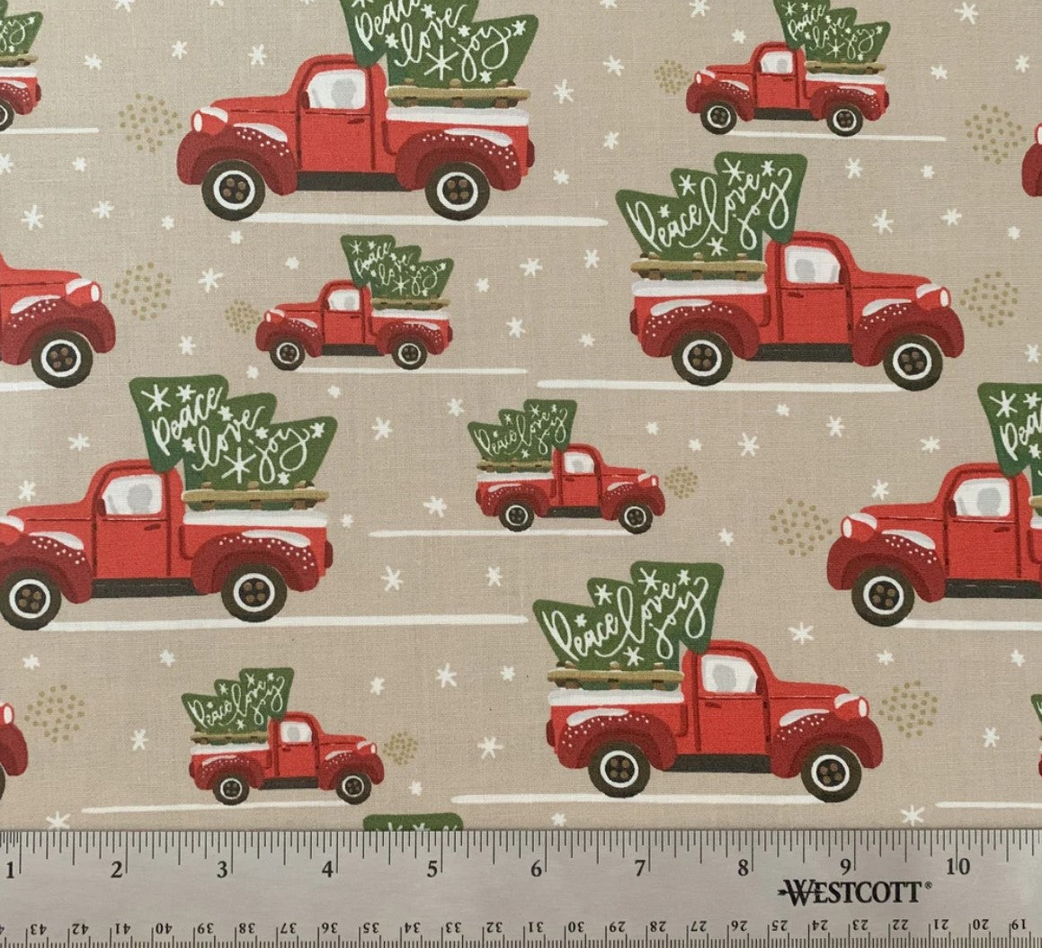 Christmas Fabric Peace Love Joy in Vintage Red Truck on Tan 100% Cotton By the Yard