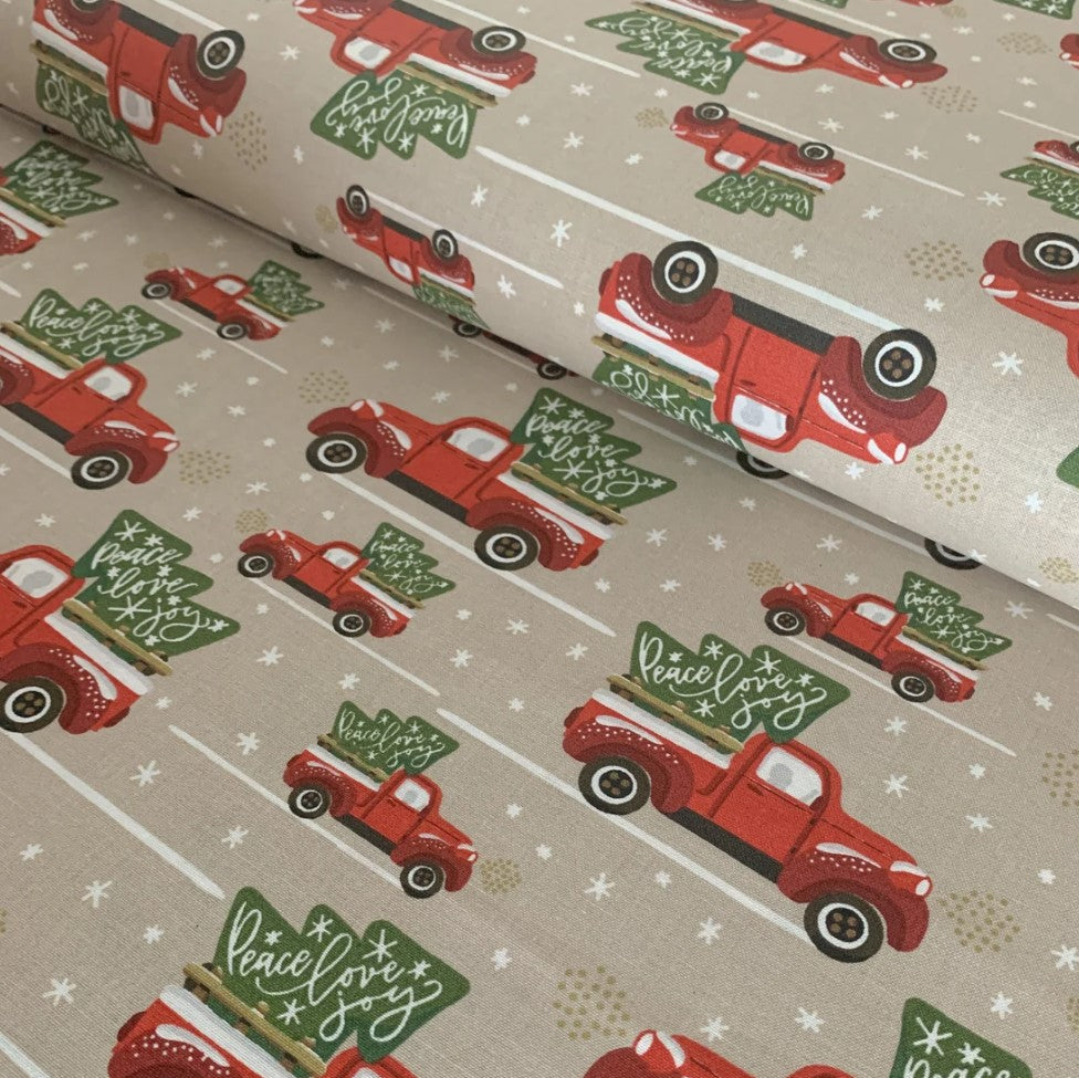 Christmas Fabric Peace Love Joy in Vintage Red Truck on Tan 100% Cotton By the Yard