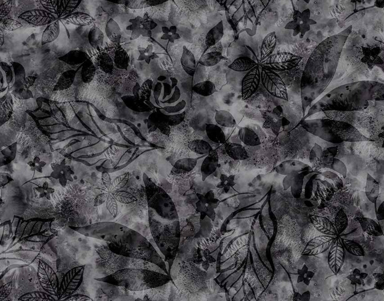 108 Inch Wide P&B Textiles Botanic Batik Foliage Charcoal Quilt Back Cotton Fabric Extra Wide