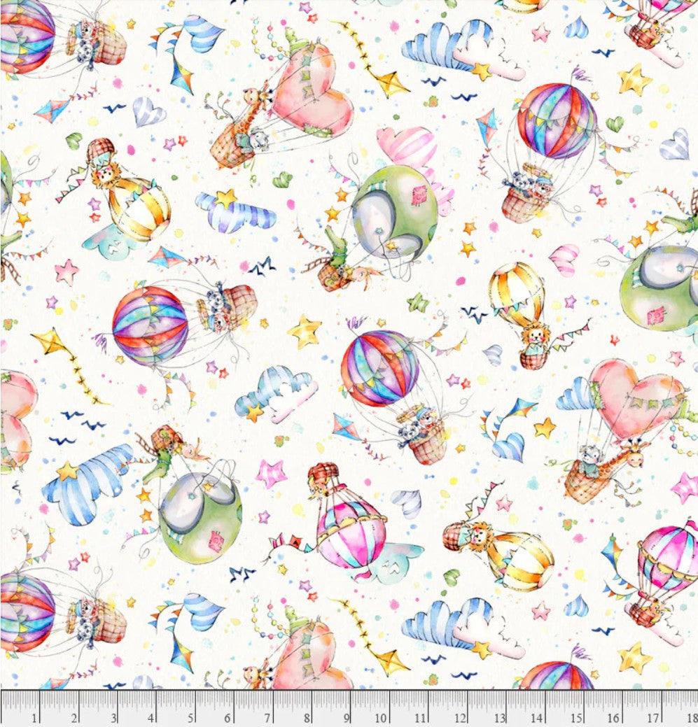P & B Textiles Whiskerville Hot Air Balloon Toss White Baby 100% Cotton By the Yard