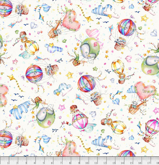 P & B Textiles Whiskerville Hot Air Balloon Toss White Baby 100% Cotton By the Yard