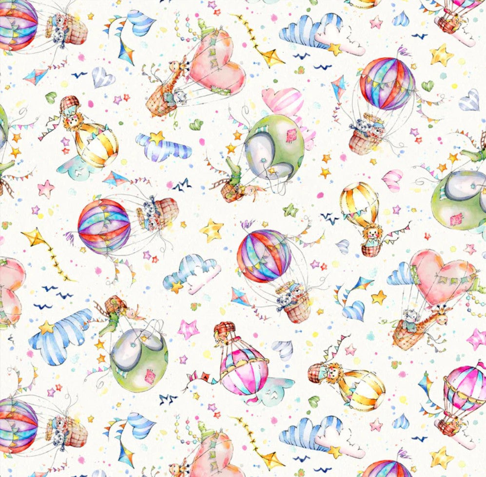 P & B Textiles Whiskerville Hot Air Balloon Toss White Baby 100% Cotton By the Yard