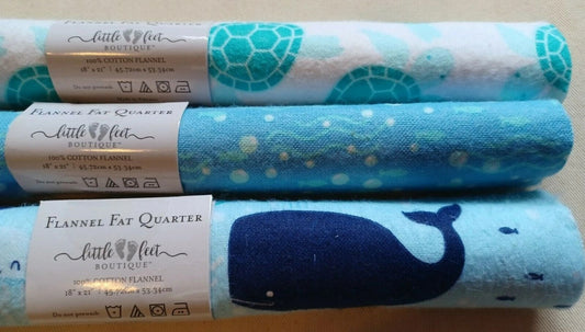 3 Flannel Fat Quarters Sea Life Little Feet Boutique Blue White 18" x 21" Baby