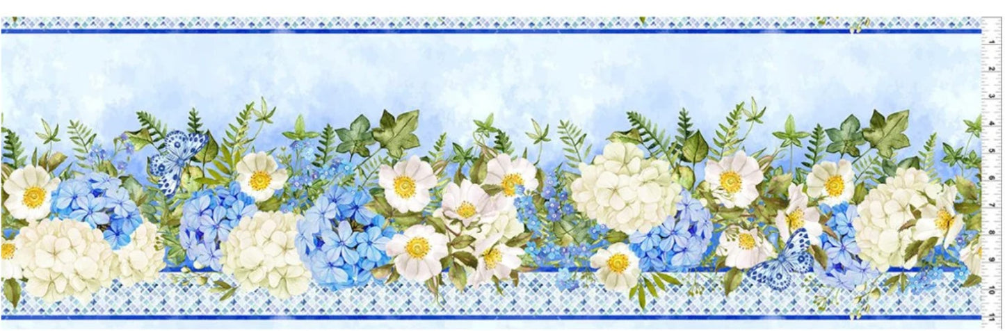 In the Beginnings Periwinkle Spring Border Print 100% Cotton By the Yard Floral