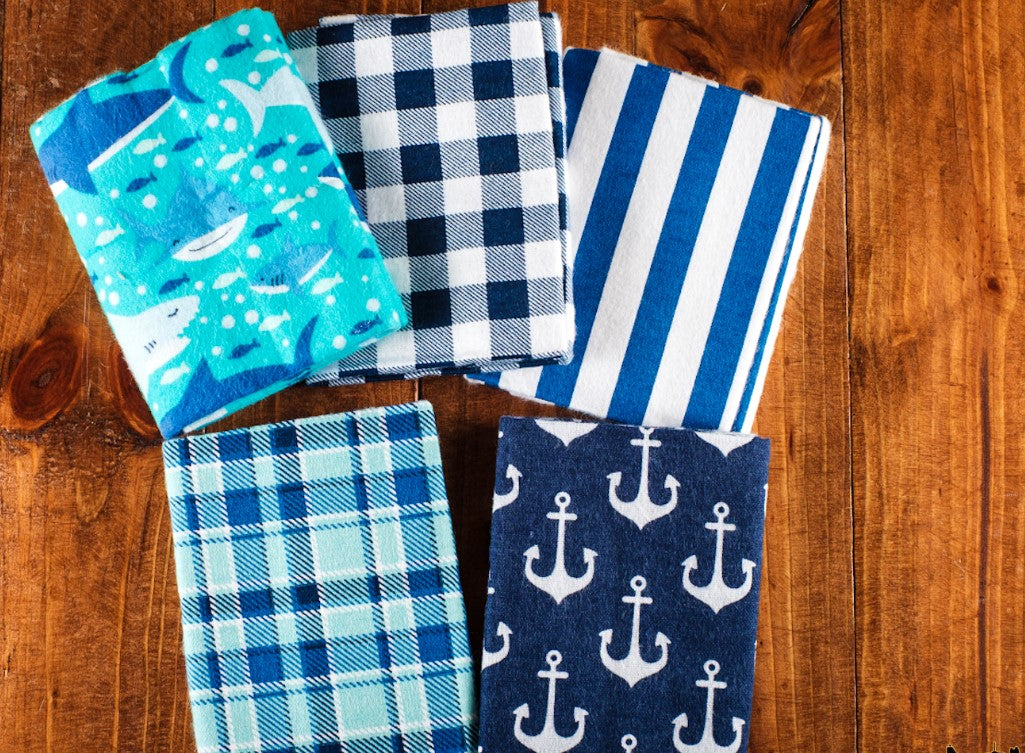 5 Flannel Fat Quarters Sea Life  Blue White 18" x 21" Precut Baby