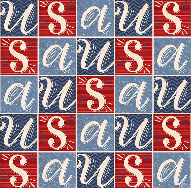 P & B Textiles Patriotic USA Text in Boxes 100% Cotton Price per Yard Price per Yard