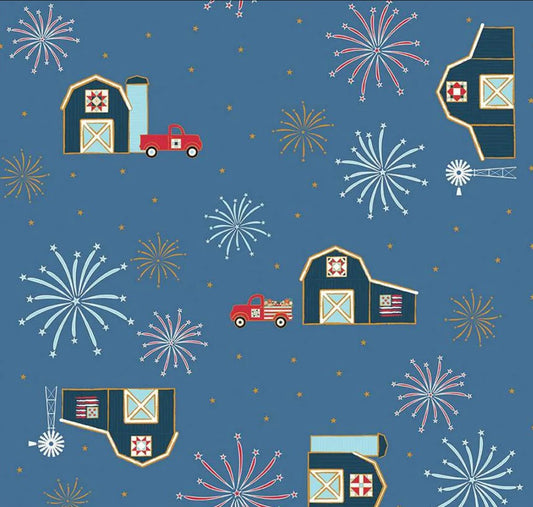 Riley Blake Patriotic Barns on Blue 100% Cotton Price per Yard