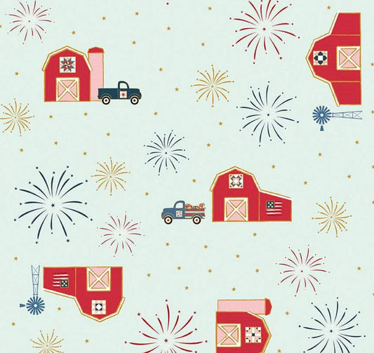 Riley Blake Patriotic Barns on Light Green 100% Cotton Price per Yard