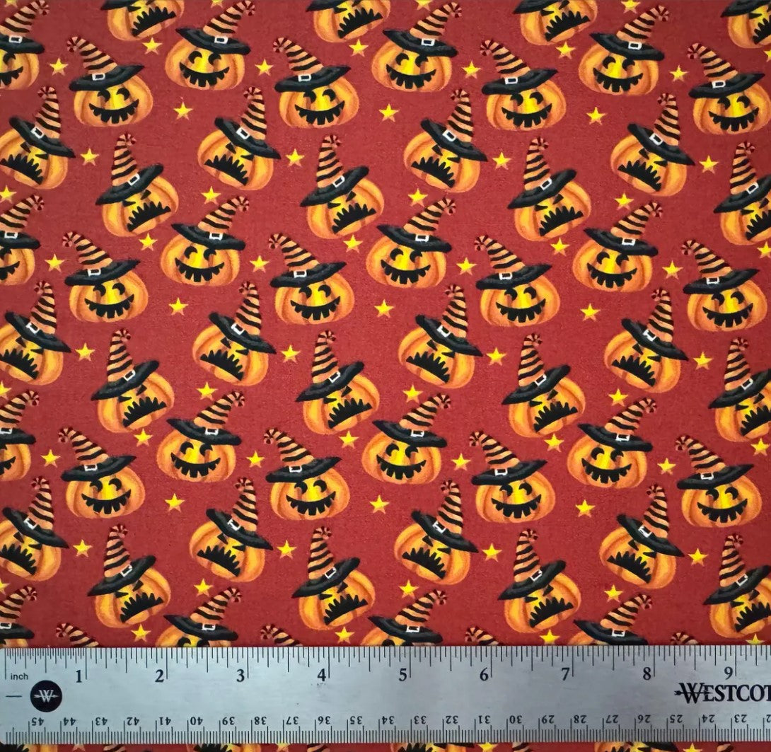 Halloween Mischievous Pumpkins on Reddish Orange 100% Cotton Price per Yard