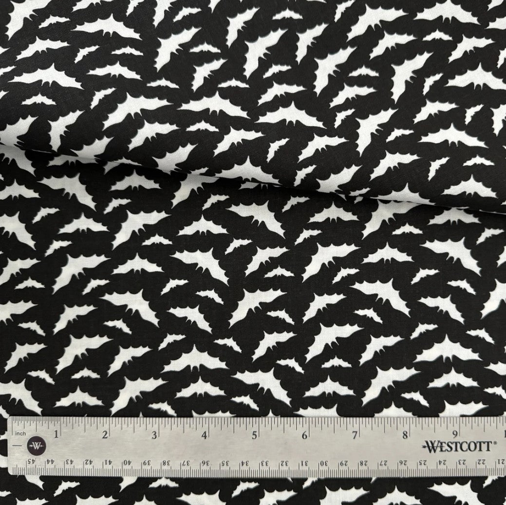 Halloween Flying White Bats on Black 100% Cotton Fabric