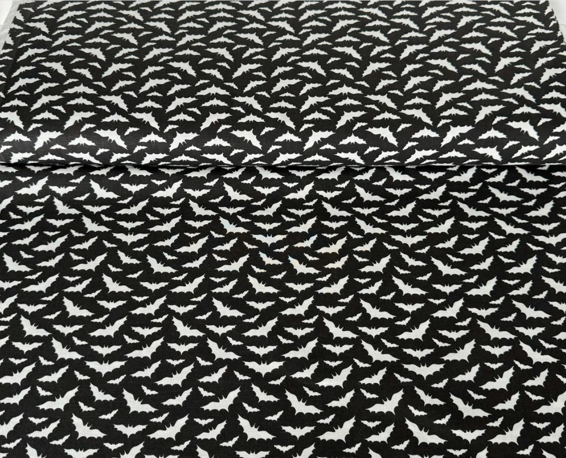 Halloween Flying White Bats on Black 100% Cotton Fabric