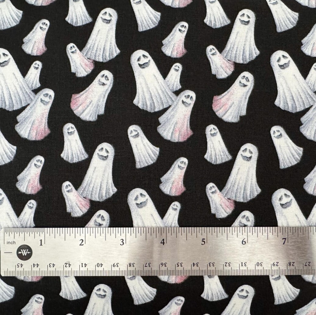 Halloween Spooky Smiling Ghosts on Black 100% Cotton Fabric