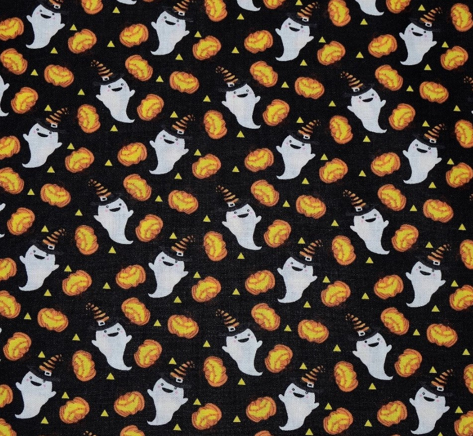 Halloween Ghosts and Pumpkins on Black 100% Cotton