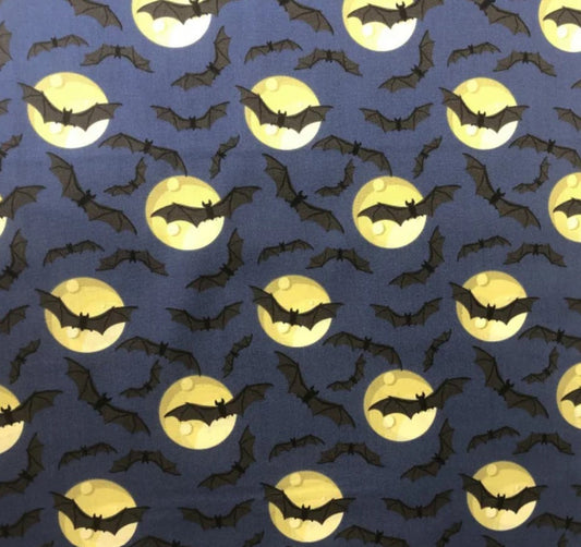 Halloween Bats Full Moon on Blue 100% Cotton Fabric