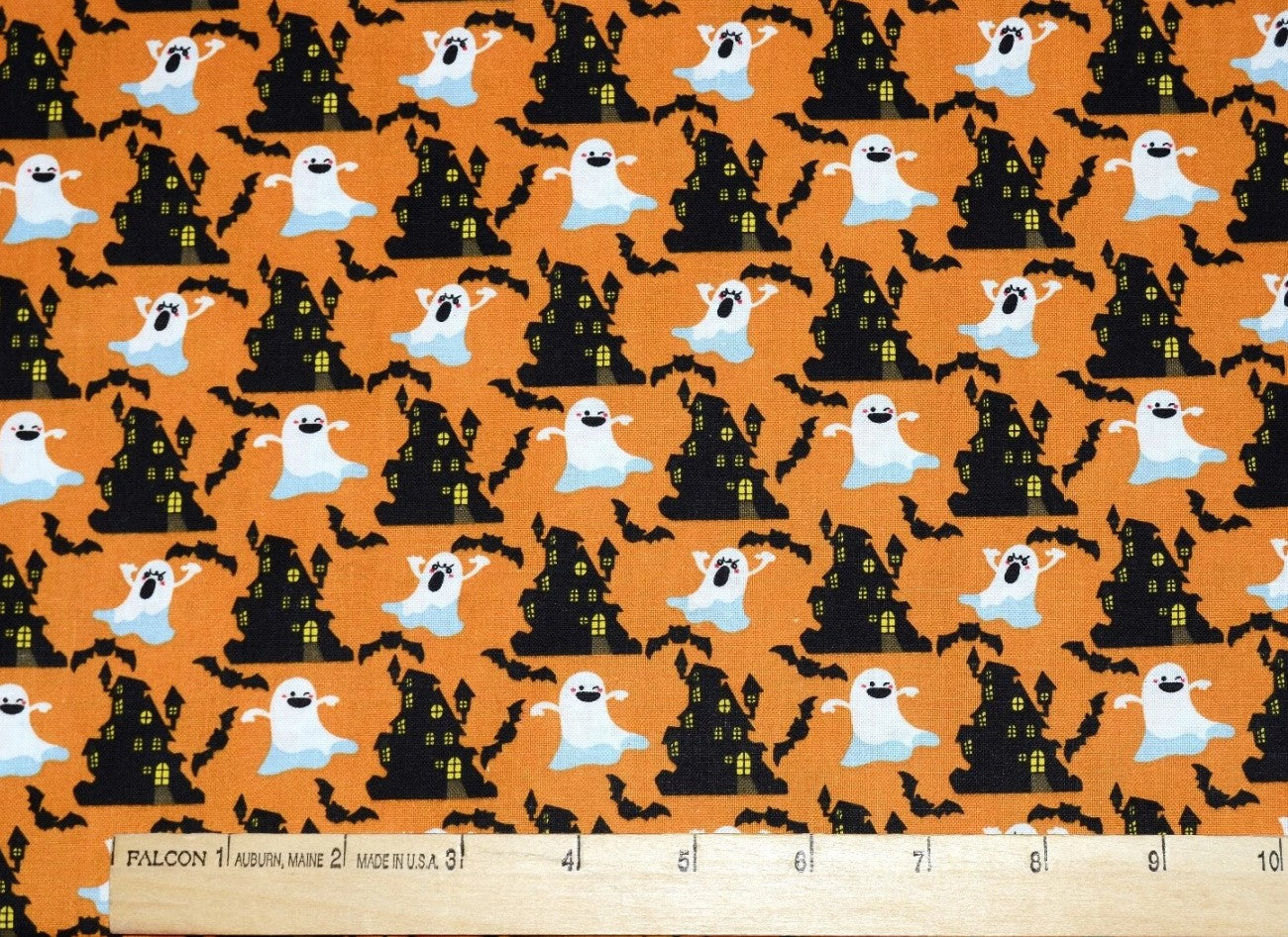 Halloween Ghosts and Haunted House on Orange 100% Cotton Fabric