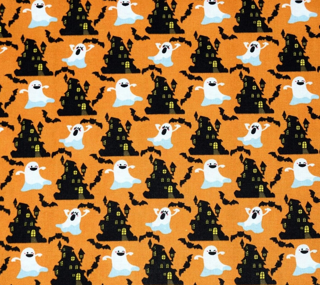 Halloween Ghosts and Haunted House on Orange 100% Cotton Fabric