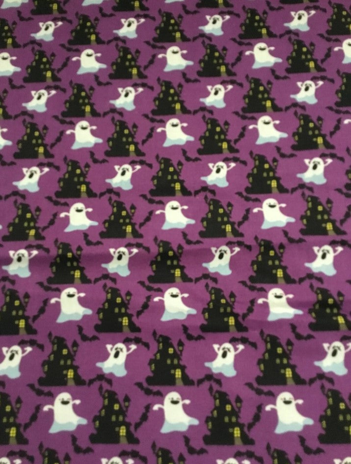 Halloween Ghosts and Haunted House on Purple 100% Cotton Fabric