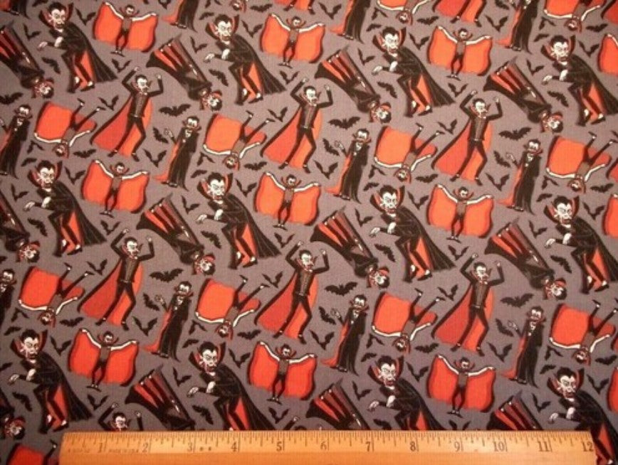 Halloween Dracula Vampire on Gray 100% Cotton Fabric