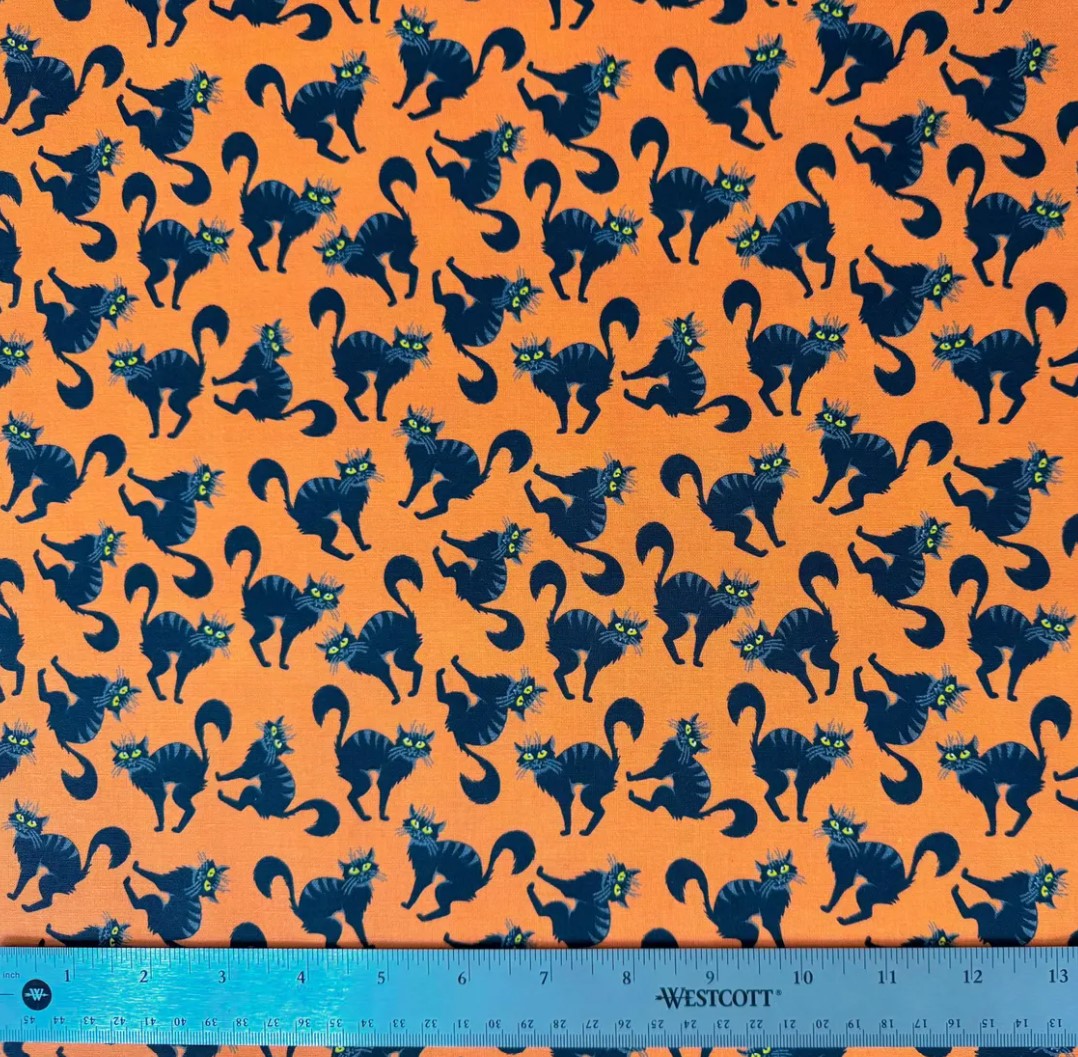 Halloween Creepy Black Cats on Orange 100% Cotton Fabric