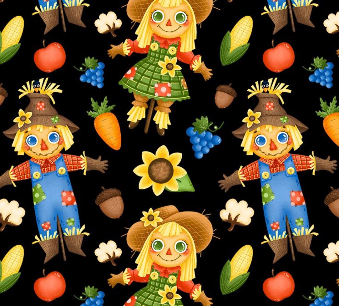 Thanksgiving Scarecrows Fall Friends on Black 100% Cotton Fabric