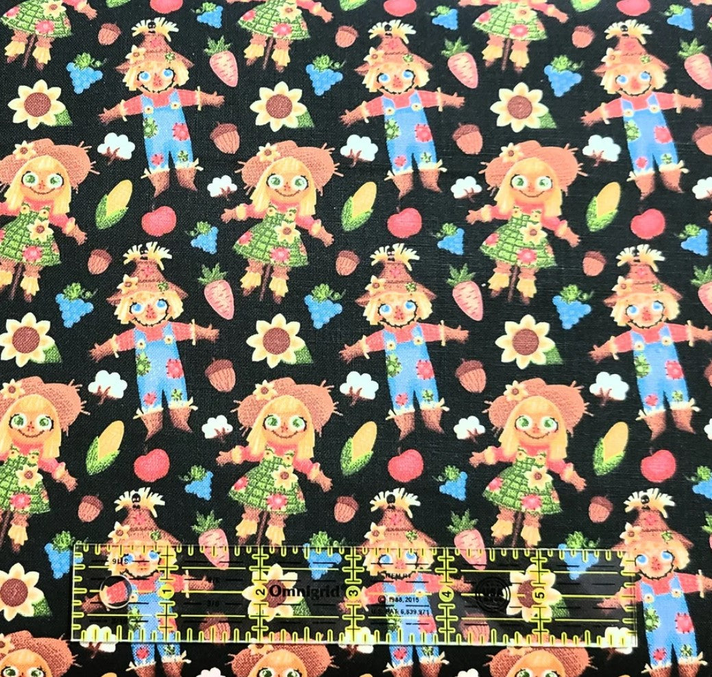 Thanksgiving Scarecrows Fall Friends on Black 100% Cotton Fabric