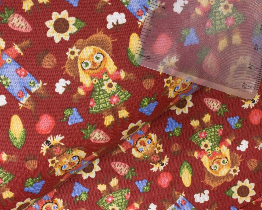 Thanksgiving Scarecrows Fall Friends on Burgundy 100% Cotton Fabric