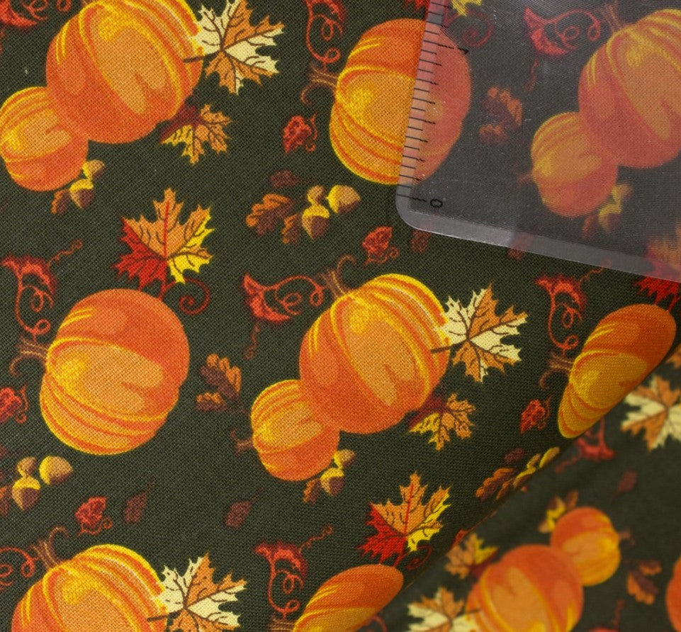 Thanksgiving Pumpkins and Leaves on Dark Green 100% Cotton Fabric