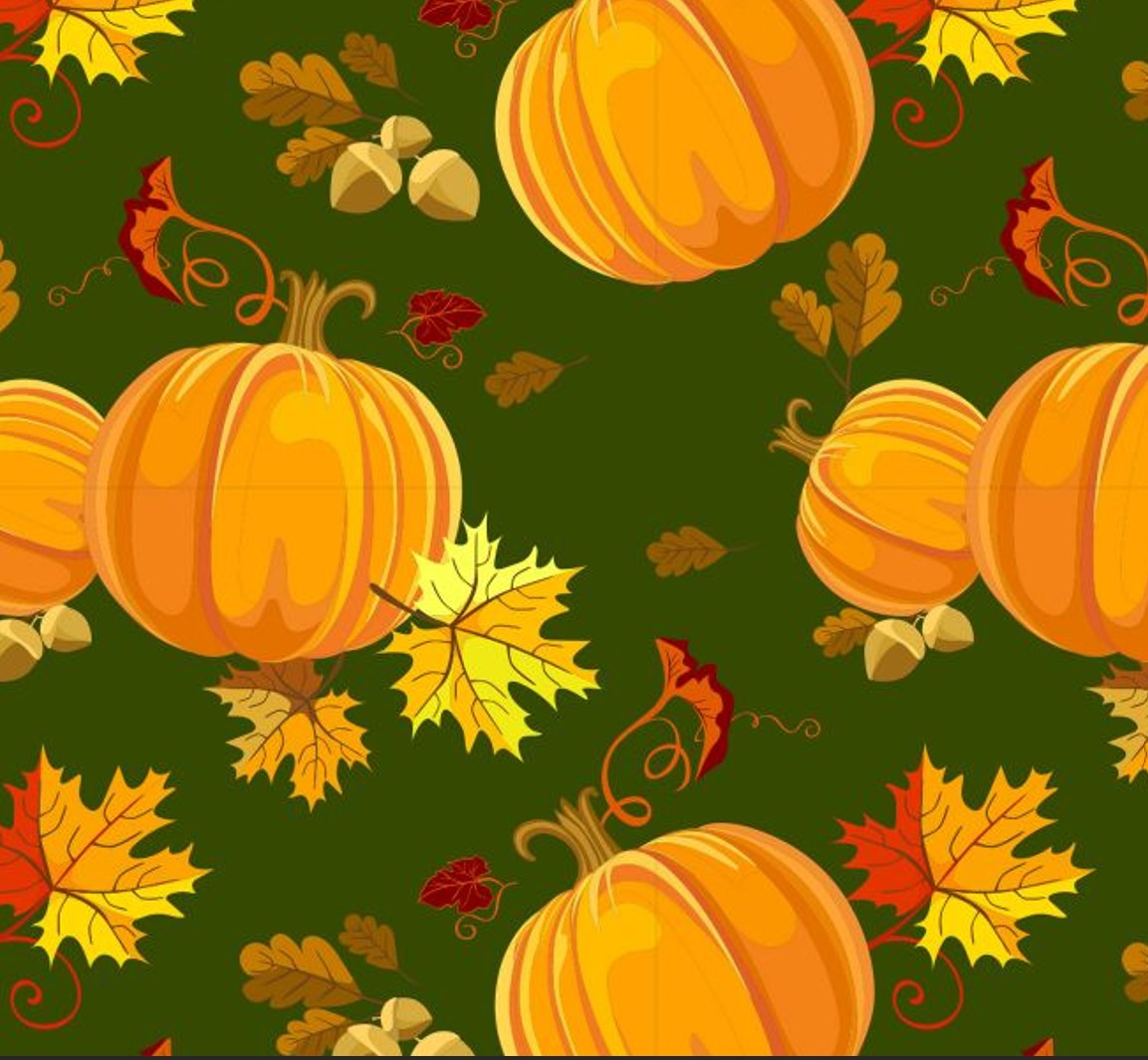 Thanksgiving Pumpkins and Leaves on Dark Green 100% Cotton Fabric