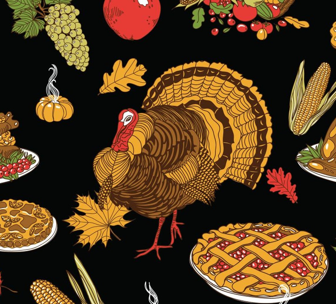 Thanksgiving Turkey Pie Gourds Corn Pie on Black 100% Cotton Fabric
