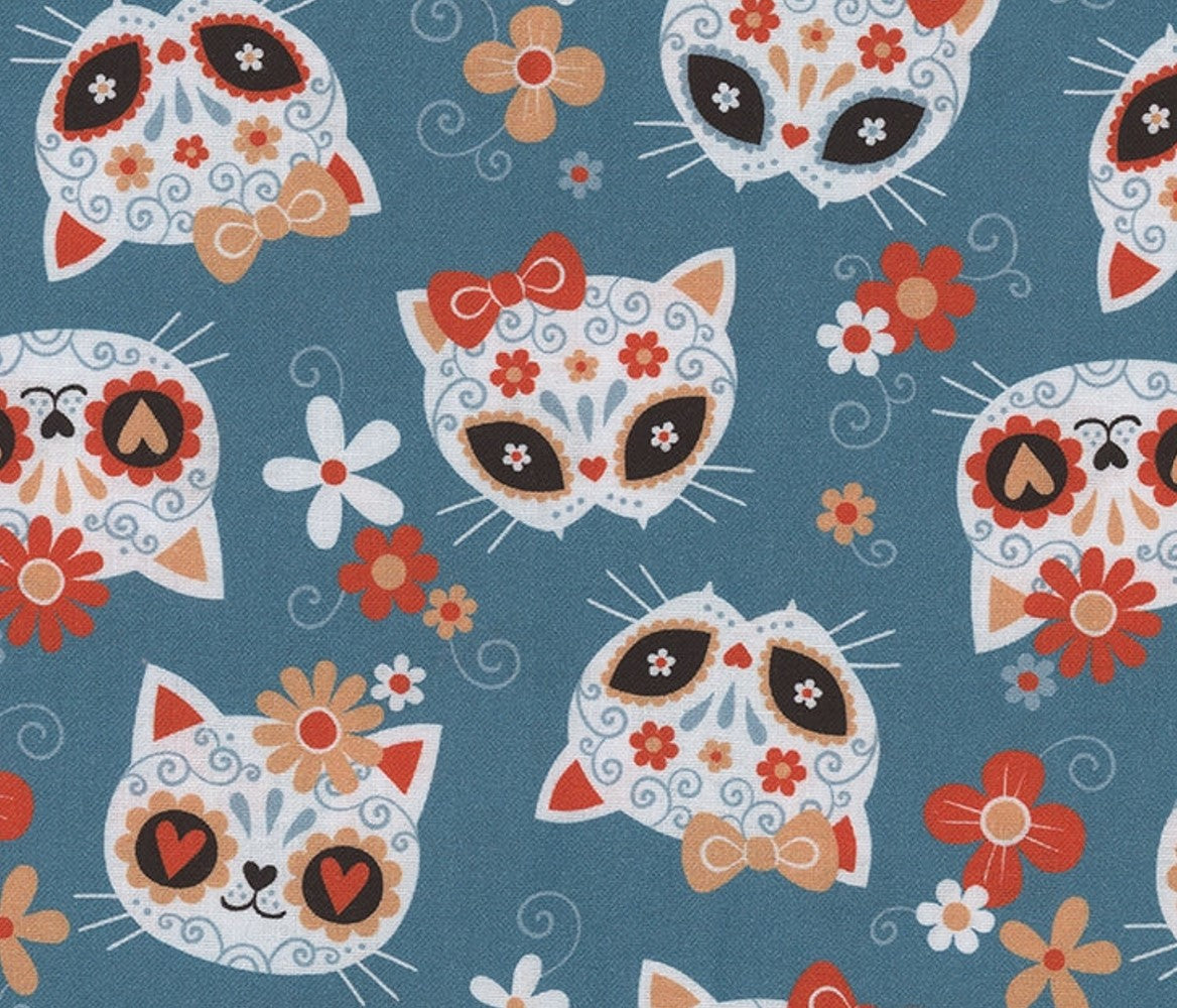 Halloween Sugar Skulls Cats on Teal 100% Cotton Fabric