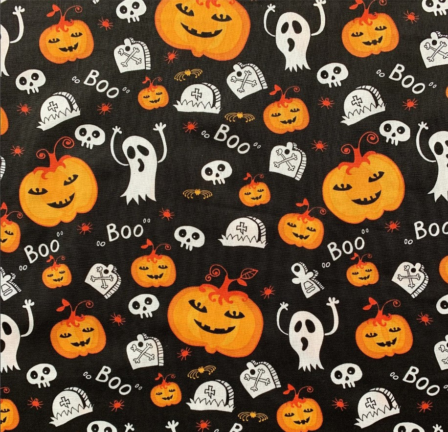 Halloween Ghosts BOO and Pumpkins on Black 100% Cotton Fabric