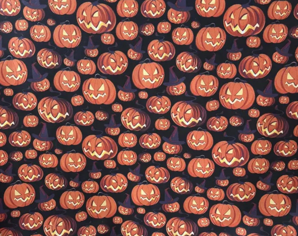 Halloween Smiling Pumpkin Jack o Lantern with Witches Hats on Black 100% Cotton Fabric